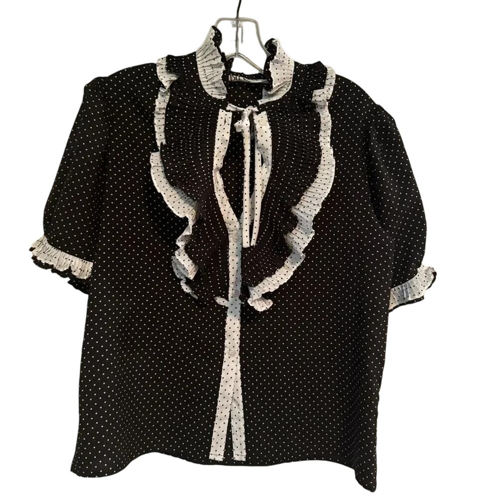 BELCANTO Ruffle Polka Dot Blouse Pleated Peekaboo Balloon Sleeve Size M Vintage